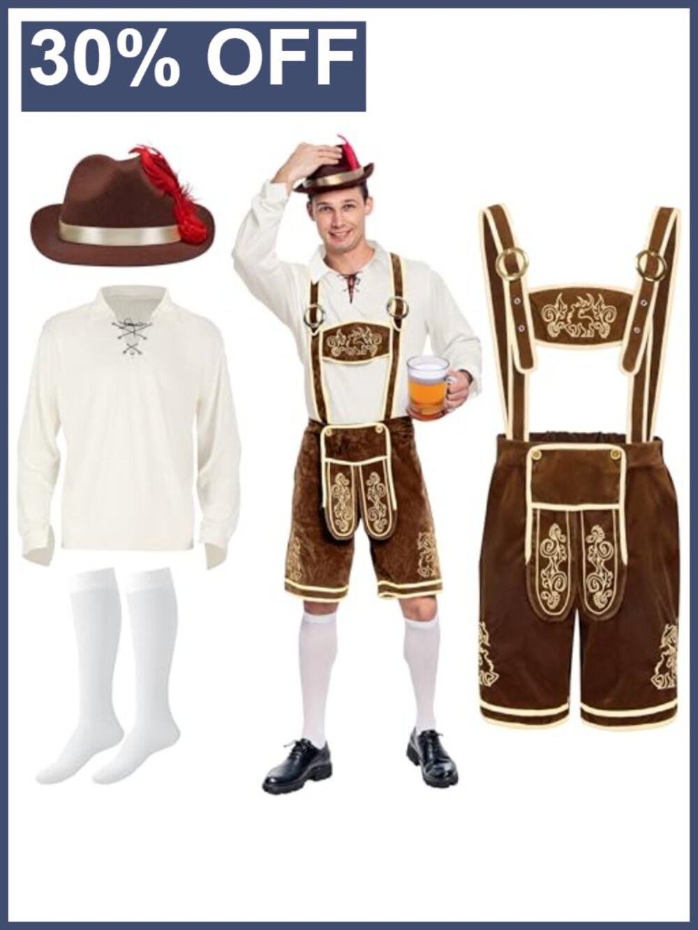 Men's Bavarian Oktoberfest Lederhosen Costume Set with Suspenders, Hat